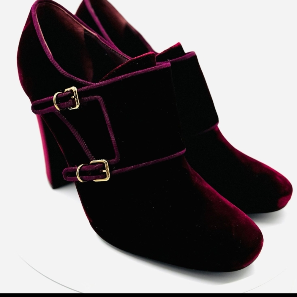 Tory Burch Burgundy Velvet Double Monk Strap Heels Size 11 Block Heel Luxe - Picture 2 of 6